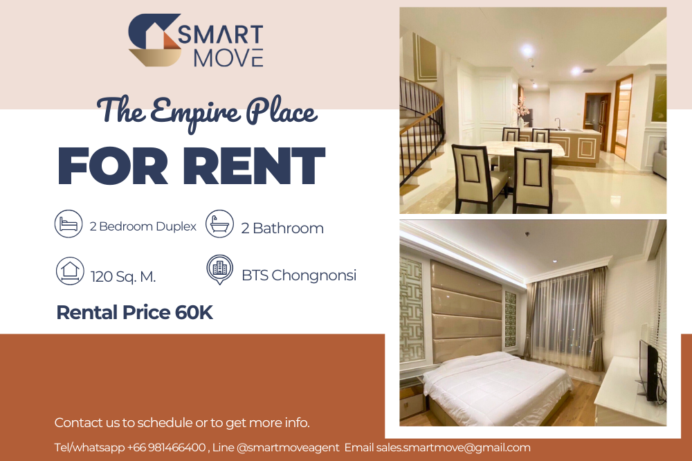 For RentCondoSathorn, Narathiwat : Code C20240100003....The Empire Place for rent, 2 bedroom, 2 bathroom Duplex, furnished, ready to move in