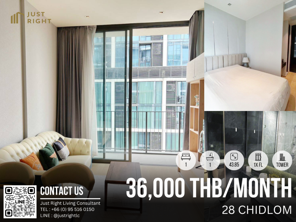 For RentCondoWitthayu, Chidlom, Langsuan, Ploenchit : For rent, 28 Chidlom, 1 bedroom, 1 bathroom, 43.85 sq m., 1x floor, beautifully decorated, fully furnished, ready to move in, only 36,000 baht/month, 1 year contract only.