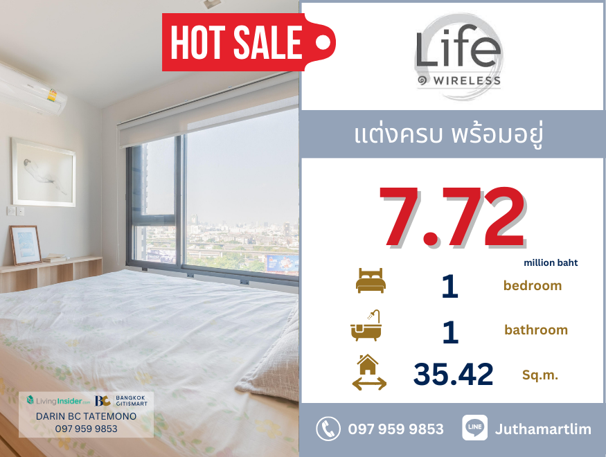 ขายคอนโดวิทยุ ชิดลม หลังสวน : 🔥แต่งครบ พร้อมอยู่🔥 life one wireless 1 ห้องนอน 1 ห้องน้ำ 35.42 ตารางเมตร ชั้น 24 ราคา 7,725,000 บาท ติดต่อ 097 959 9853