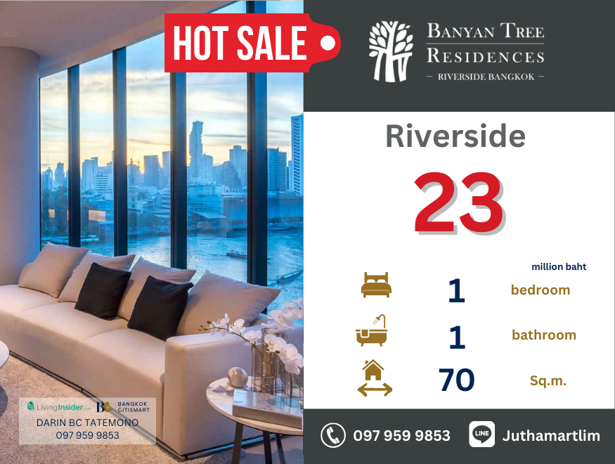 ขายคอนโดวงเวียนใหญ่ เจริญนคร : 🔥 ห้อง 1 ห้องนอน โครงการหมดแล้ว🔥 Banyan Tree Residences Riverside Bangkok | 1 ห้องนอน 1 ห้องน้ำ 70 ตร.ม. ชั้น 24 ราคาต่อรองได้ ติดต่อ 0979599853