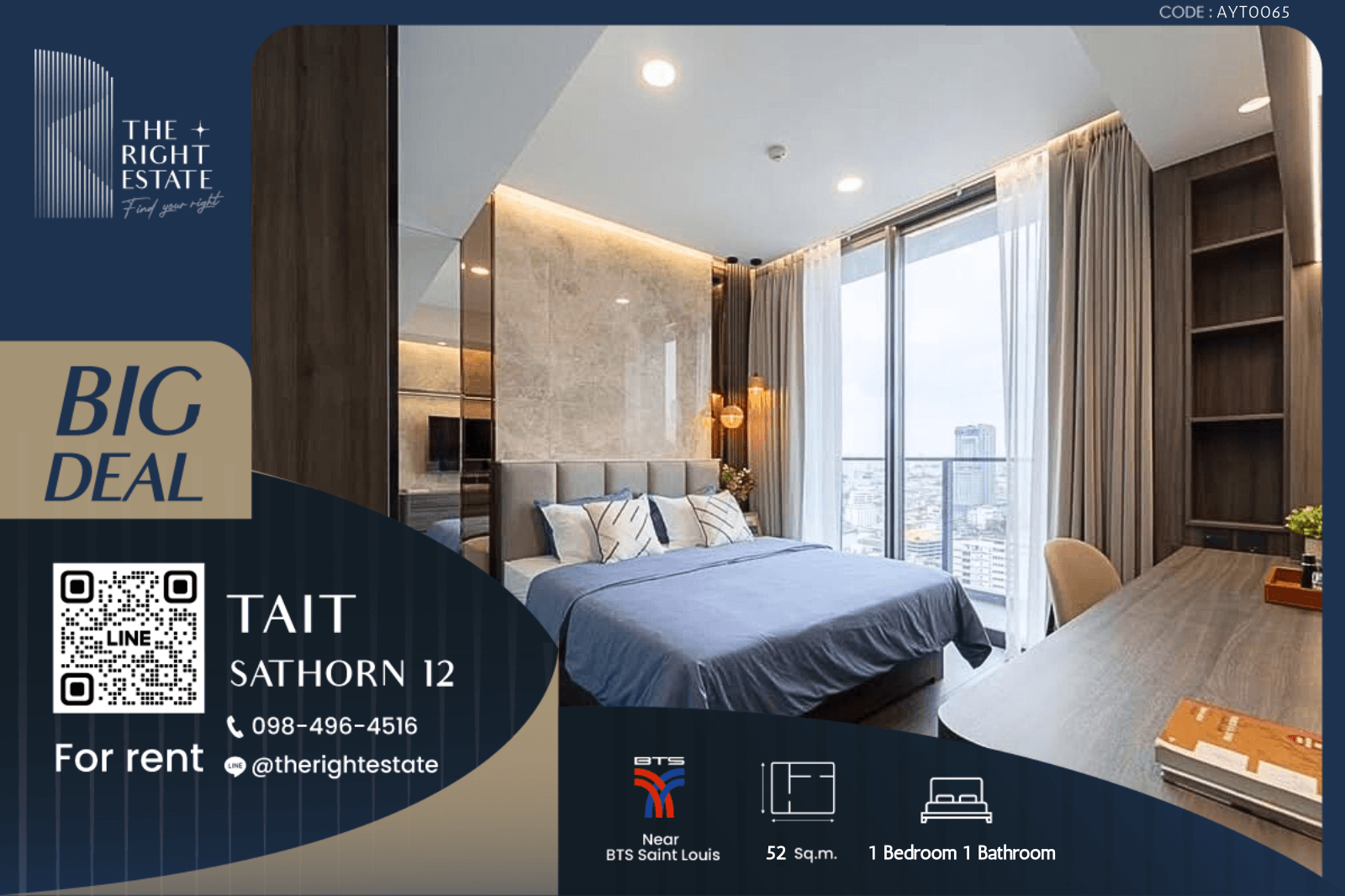 For RentCondoSathorn, Narathiwat : 🌿 Tait Sathorn 12 🌿 Nice room!! fully furnished 🛏 1 Bed 1 Bath 67.50 Sq.m near Sathorn