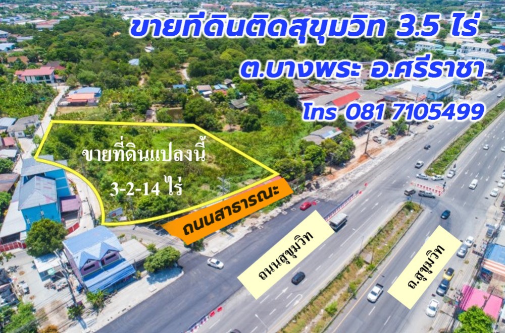 For SaleLandSriracha Laem Chabang Ban Bueng : Land for sale near Sukhumvit Road, 3-2-14 rai, Bang Phra Subdistrict, Si Racha District, Chonburi Province, suitable for developing projects, hotels, resorts, offices or others.