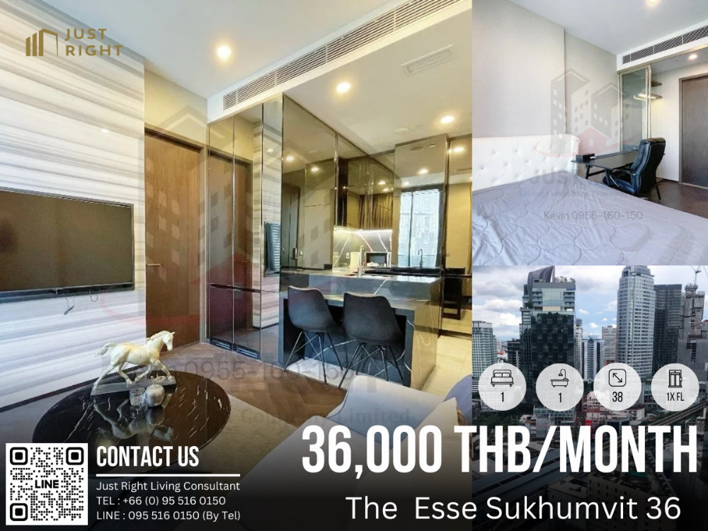 For RentCondoSukhumvit, Asoke, Thonglor : For rent, The Esse Sukhumvit 36, 1 bedroom, 1 bathroom, size 38 sq.m, 1x Floor, fully furnished, only 36,000/m, 1 year contract only.