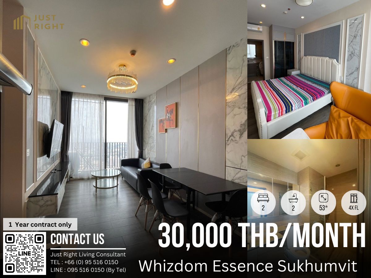 For RentCondoOnnut, Udomsuk : For rent, Whizdom Essence Sukhumvit, 2 bedroom, 2 bathroom, size 53 sq.m, 4x Floor, fully furnished, only 30,000/m, 1 year contract only.