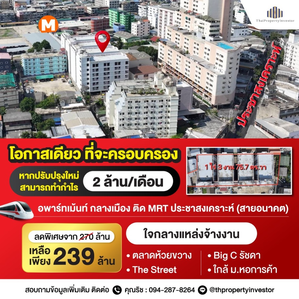 For SaleBusinesses for saleRama9, Petchburi, RCA : Hurry before the train opens, almost 2 rai, next to MRT Prachasongkhro!! Selling 4 apartment buildings, 385 rooms, Prachasongkhro 22, near MRT Huai Khwang, Ratchadaphisek 7, near the University of the Thai Chamber of Commerce!!