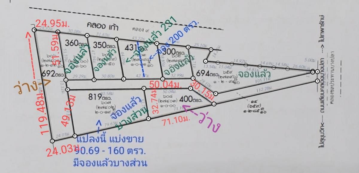 For SaleLandSamut Prakan,Samrong : For sale/rent, cheap land 350-692 wa, 14,750./sq m., 5.9 million baht per rai, selling title deed, front next to concrete road. Some plots in the back are next to Khlong 9, suitable for building warehouses, rental rooms, and residential houses. With concr