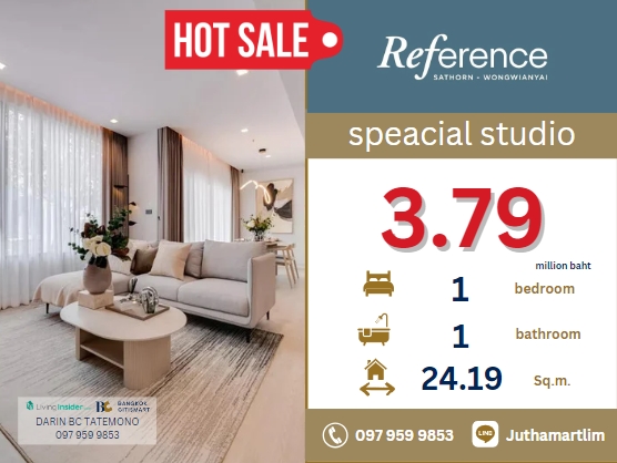 For SaleCondoWongwianyai, Charoennakor : 🔥speacial price🔥 REFERENCE SATHORN-WONGWIANYAI 1 bedroom, 1 bathroom, 24.19 sq m, 7th floor, price 3,790,000 baht, contact 0979599853