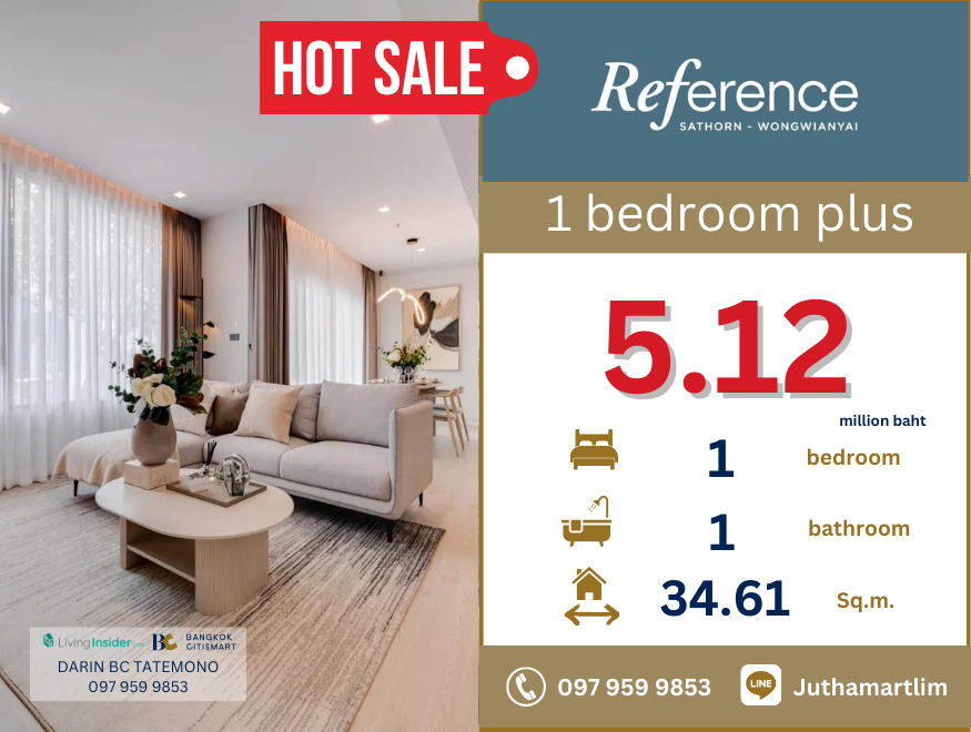 For SaleCondoWongwianyai, Charoennakor : 🔥speacial price🔥 REFERENCE SATHORN-WONGWIANYAI 1 bedroom, 1 bathroom, 1 multi-purpose room, 34.61 sq m, 4th floor, price 5,120,000 baht, contact 0979599853