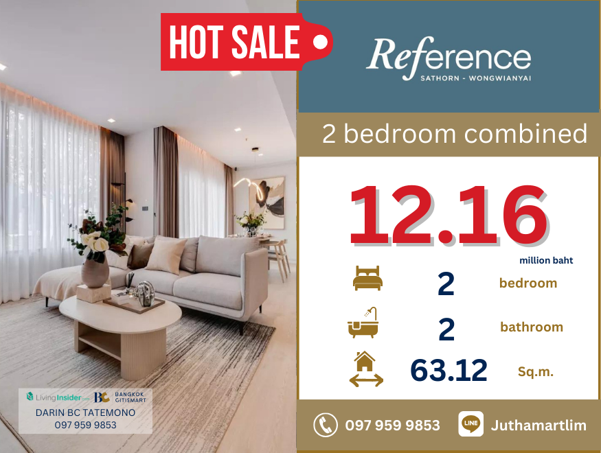 ขายคอนโดวงเวียนใหญ่ เจริญนคร : 🔥 2 bedroom🔥 REFERENCE SATHORN-WONGWIANYAI 2 ห้องนอน 2 ห้องน้ำ 63.12 ตร.ม. ชั้น 26 ราคา 12,160,000 บาท ติตด่อ 0979599853