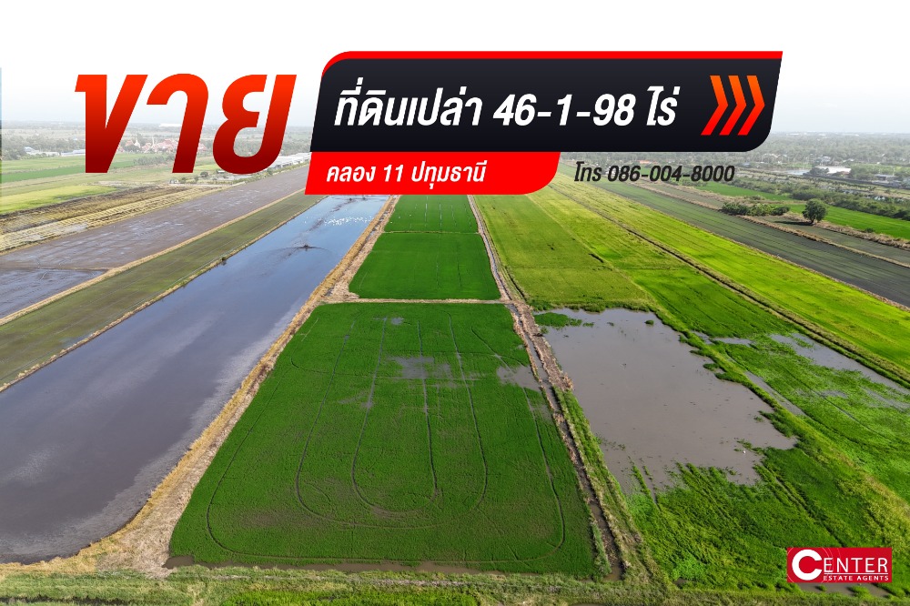 ขายที่ดินปทุมธานี รังสิต ธรรมศาสตร์ : ขายที่ดินขนาด 46-1-98 ไร่ คลอง 11 ลำลูกกา ปทุมธานี