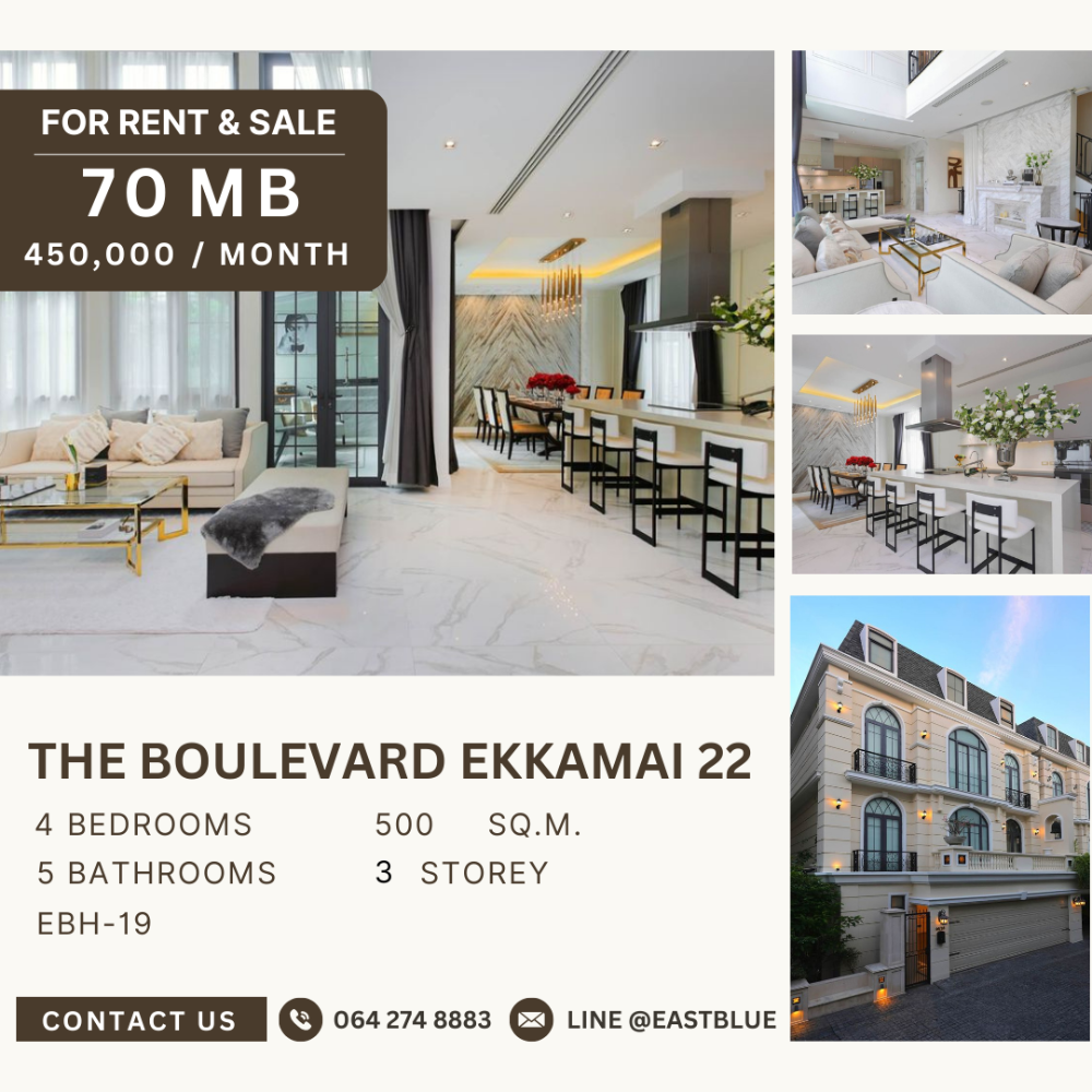 For RentHouseSukhumvit, Asoke, Thonglor : RENT&SALE — The Boulevard Ekkamai 22 450k per month sell 70 MB. 064-274-8883