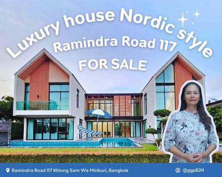 For SaleHouseNawamin, Ramindra : Luxurious 2-storey detached house for sale, Nordic style, with swimming pool, area 1 rai 200 sq m., Ramindra Road 117, Khlong Sam Wa, Min Buri, Bangkok.