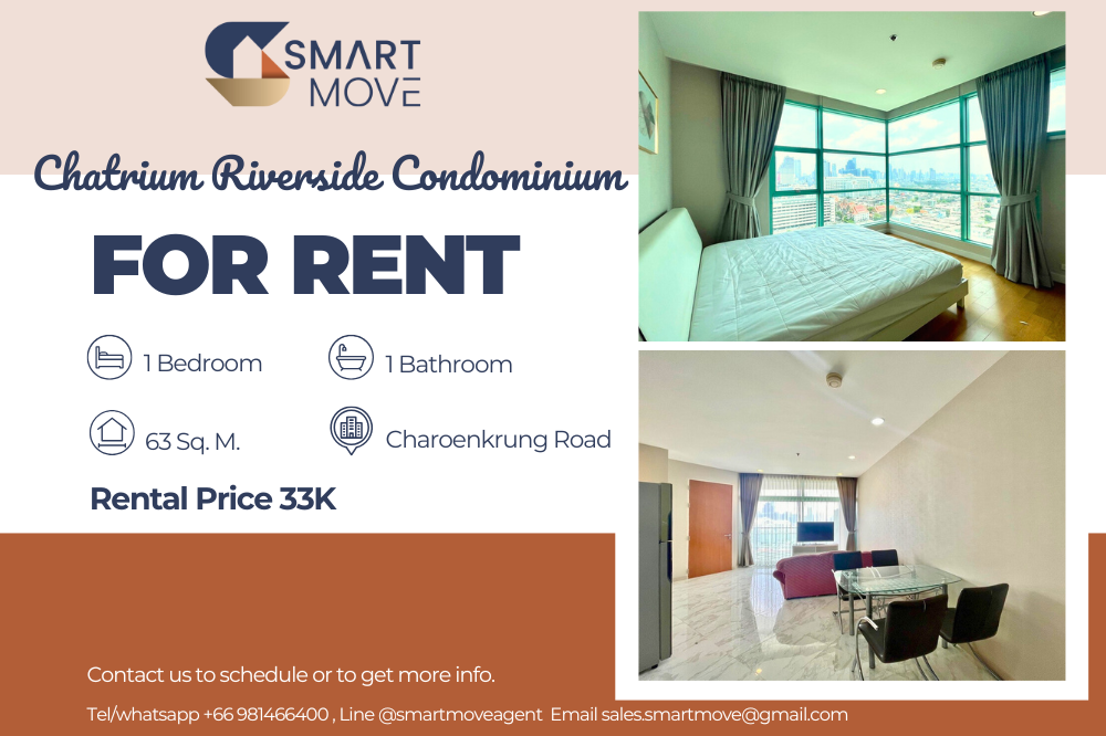 For RentCondoSathorn, Narathiwat : Code C20240400336..........Chatrium Riverside Condominium for rent, 1 bedroom, 1 bathroom, high floor, furnished, ready to move in