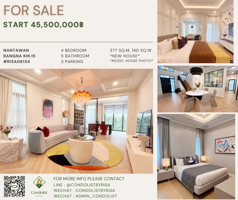 For SaleHouseBangna, Bearing, Lasalle : Risa06134 Luxury house for sale, Nantawan Bangna Km.15, 377 sq m, 140-173 sq m, 4 bedrooms, 5 bathrooms, starting at only 45.5 million baht.