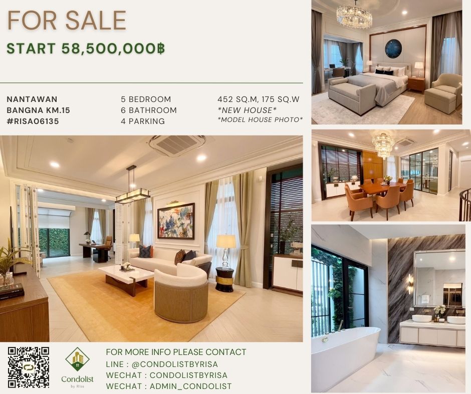 For SaleHouseBangna, Bearing, Lasalle : Risa06135 Luxury house for sale, Nantawan Bangna Km. 15, 452 sq m, 175 sq m, 5 bedrooms, 6 bathrooms, starting at only 58.5 million baht.