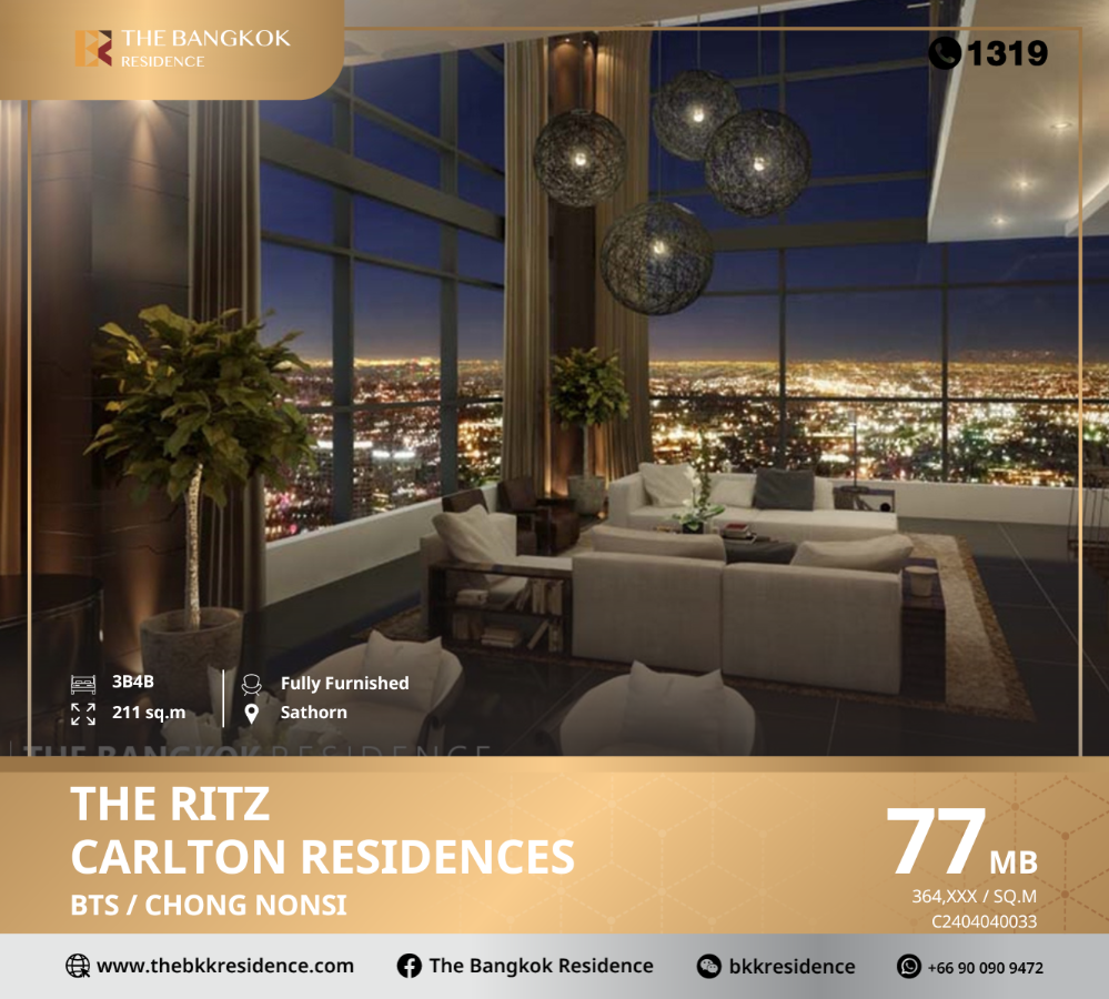 For SaleCondoSathorn, Narathiwat : The Ritz Carlton Residence was designed by a world-renowned architect near BTS Chong Nonsi.