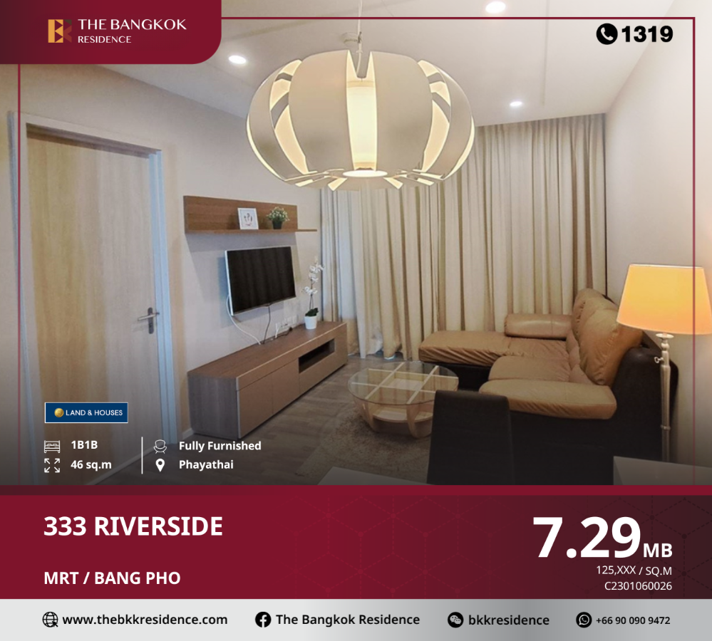 For SaleCondoBang Sue, Wong Sawang, Tao Pun : 333 Riverside, the greatest value of a condo in a potential location. Along the Chao Phraya River, near MRT Bang Pho