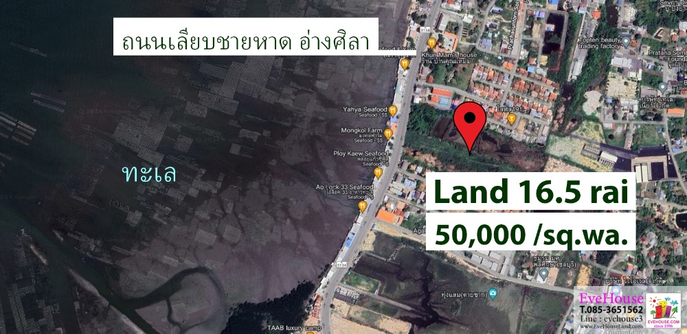 For SaleLandPattaya, Bangsaen, Chonburi : Land for sale, 16.5 rai, Ang Sila coastal road, Bang Saen-Ang Sila