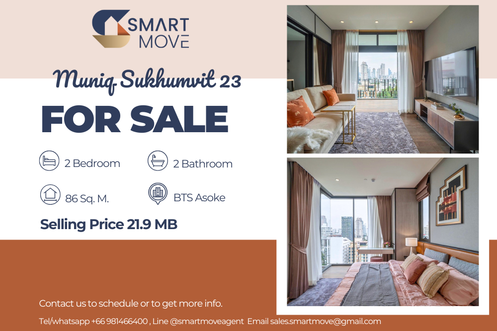 For SaleCondoSukhumvit, Asoke, Thonglor : Code C20240500324.......Muniq Sukhumvit 23 for sale, 2 bedroom, 2 bathroom, high floor, furnished, Pet friendly, Special Deal!!