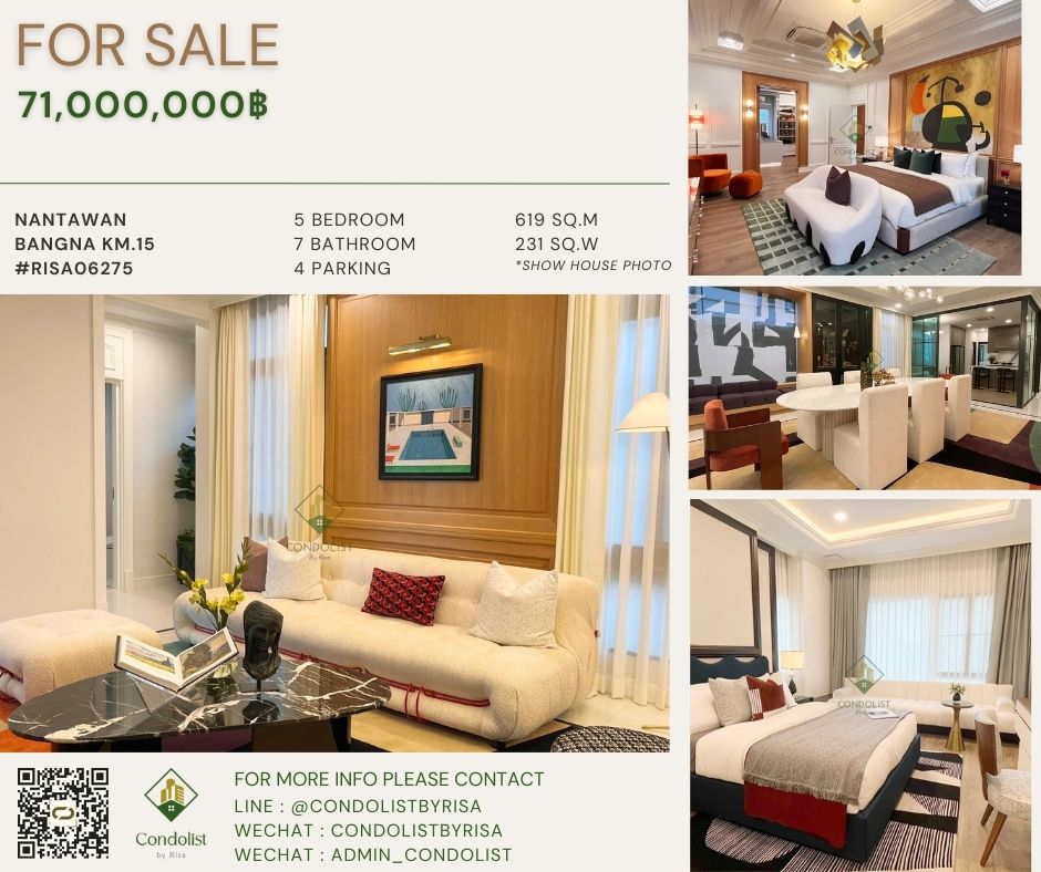 For SaleHouseBangna, Bearing, Lasalle : Risa06275 Luxury house for sale, Nantawan Bangna Km.15, 619 sq m, 231 sq w, 5 bedrooms, 7 bathrooms, 71 million baht only.