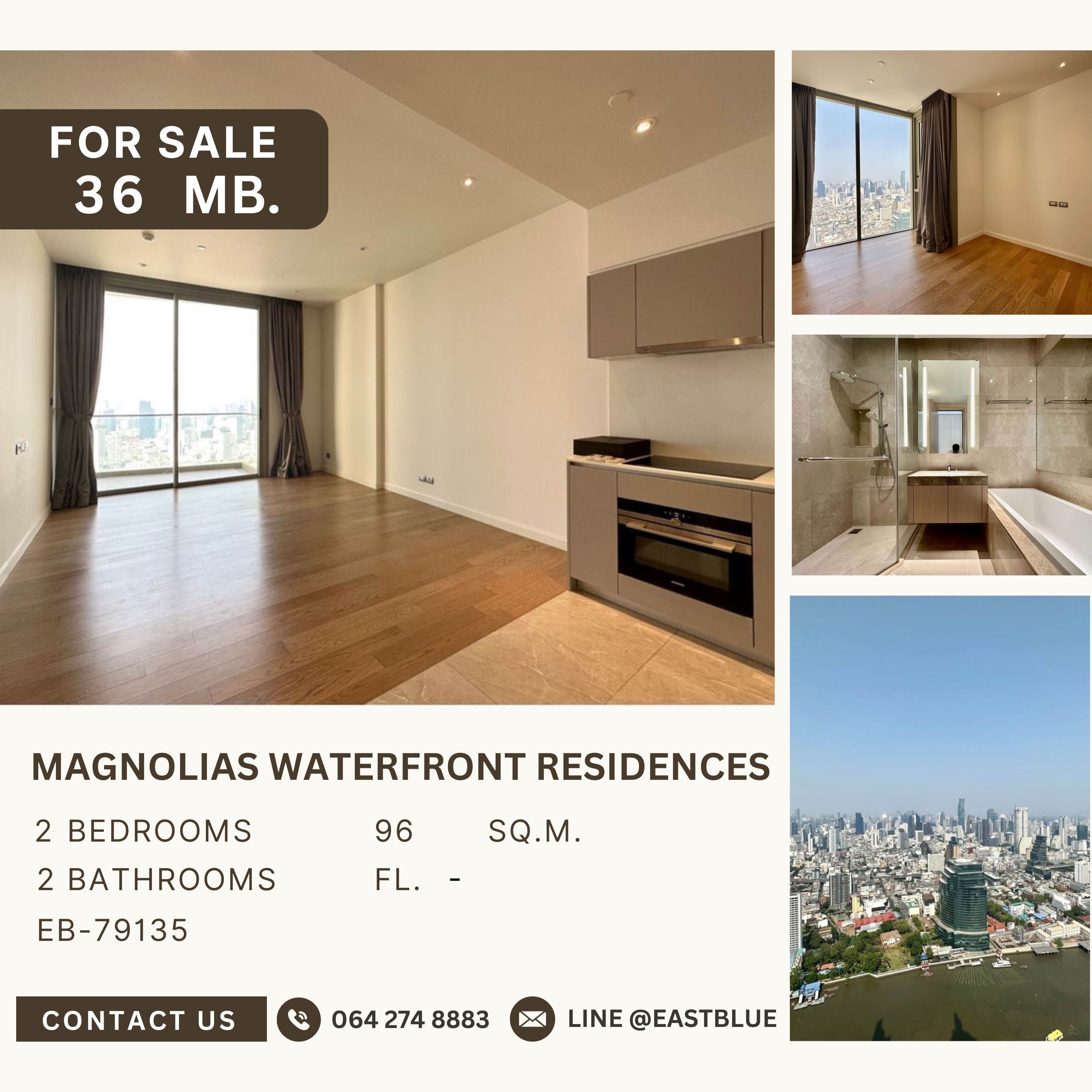 For SaleCondoWongwianyai, Charoennakor : Magnolias Waterfront Residences 2 ห้องนอน วิวเเม่น้ำ ห้องเปล่า 36 ลบ.