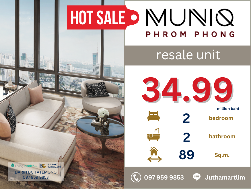 ขายคอนโดสุขุมวิท อโศก ทองหล่อ : 🔥resale unit🔥 MUNIQ Phrom Phong 2 ห้องนอน 2 ห้องน้ำ 89 ตร.ม. ชั้น 20 ราคา 34,990,000 บาท ติดต่อ 0979599853