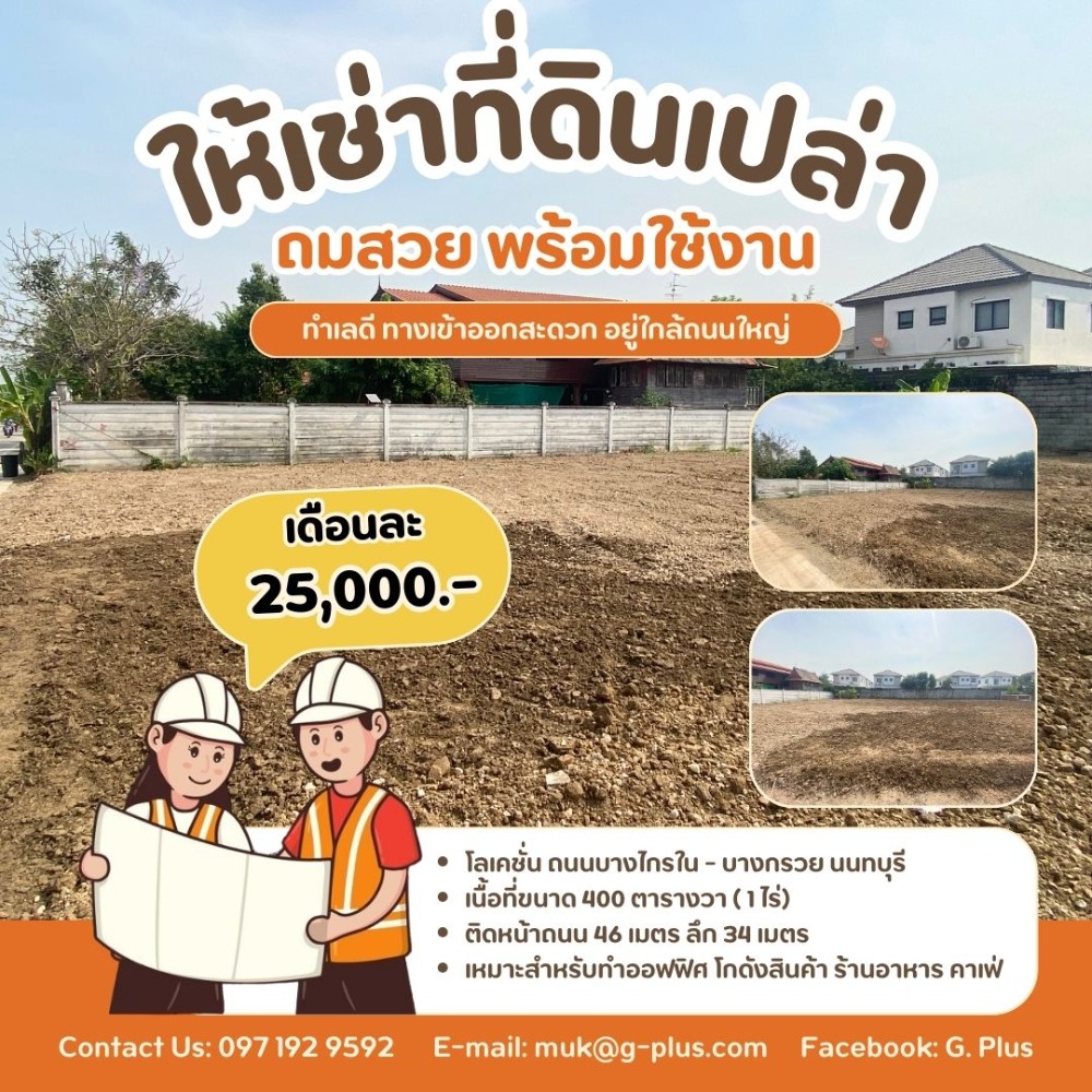 For RentLandRama5, Ratchapruek, Bangkruai : Empty land for rent, area size 400 square wah (1 rai), Bang Krai Nai Road, Bang Kruai, Nonthaburi !!!