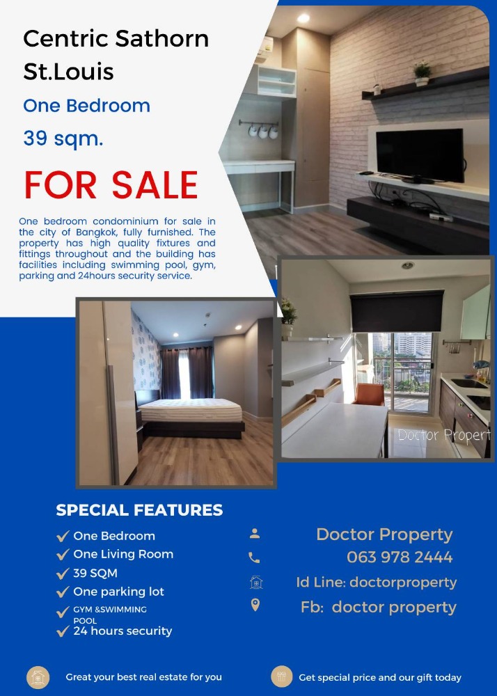 For SaleCondoSathorn, Narathiwat : 🔥ฺฺBest Deal for an Investment 🔥 Centric Sathorn-St.Louis 1 Bedroom With Fully Furnished For Sale, Area Usable 39 SQ.M. Ready to move in!