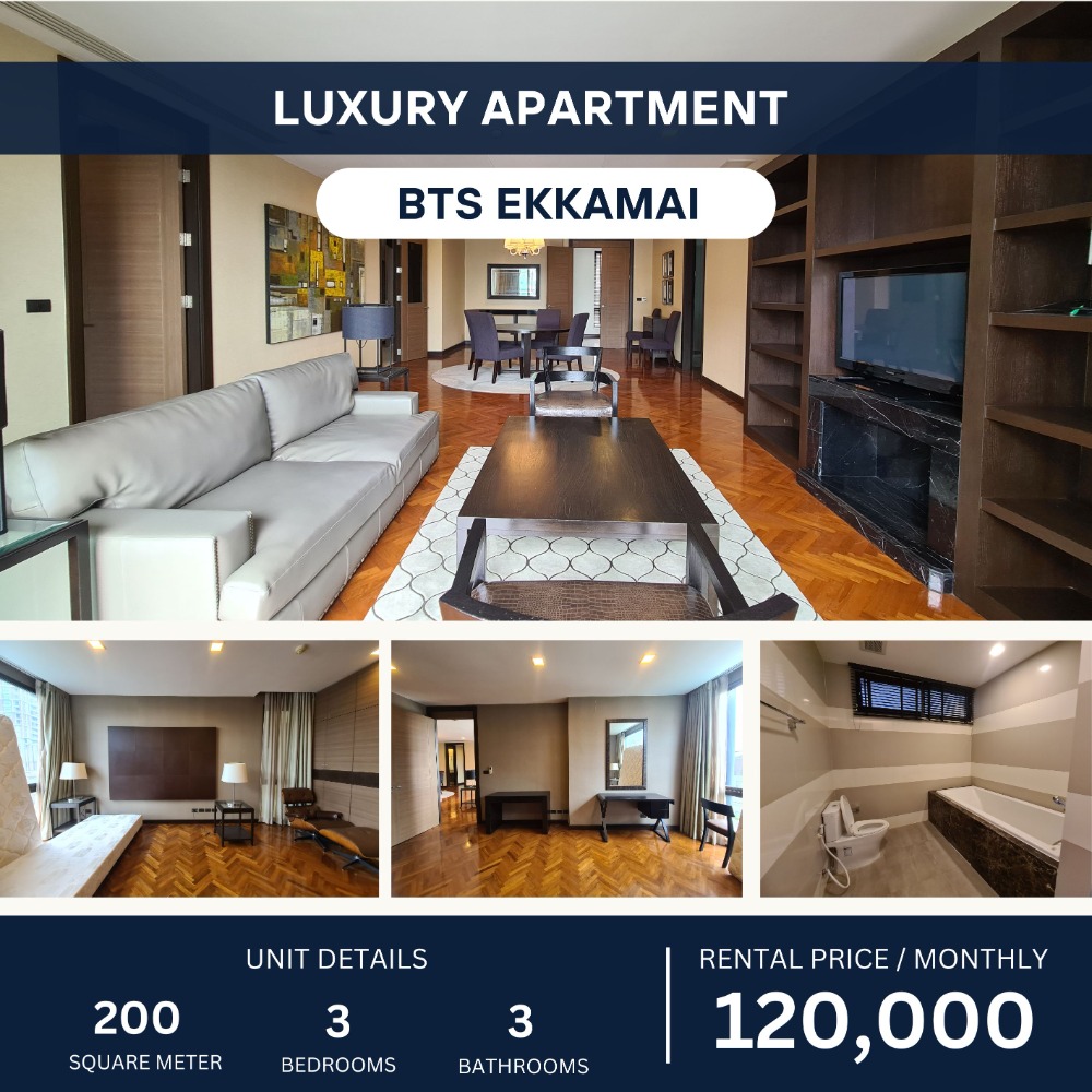 ให้เช่าคอนโดสุขุมวิท อโศก ทองหล่อ : Luxury Apertment BTS Ekkamai 3 Beds 200 sqm 120k per month