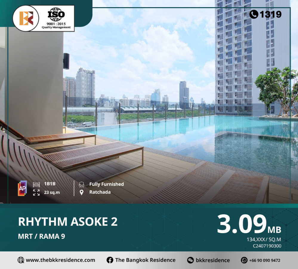 For SaleCondoRama9, Petchburi, RCA : RHYTHM Asoke 2, a luxury condo, ready to move in, Japanese style, small units, quiet and private, near MRT Rama 9.