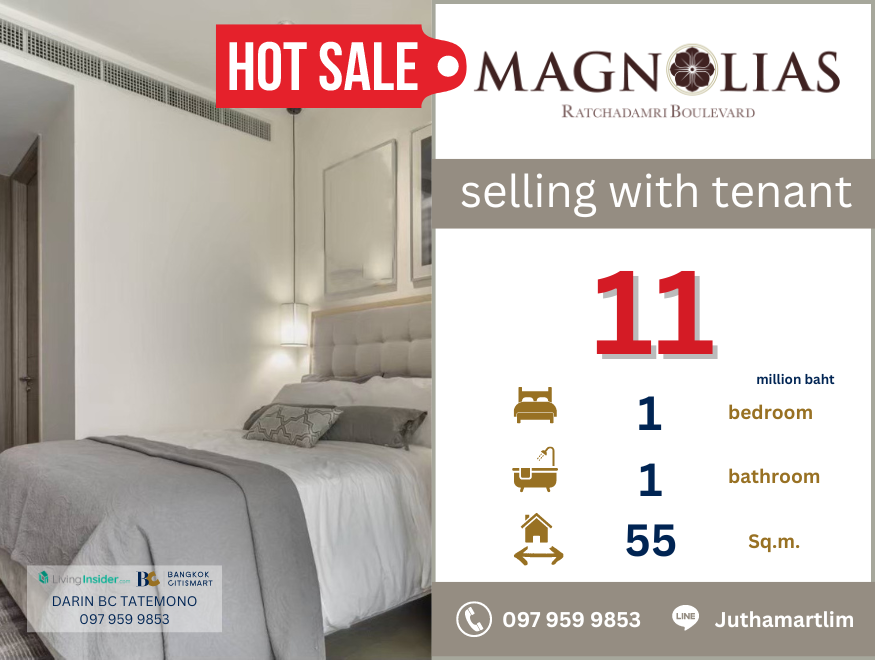 For SaleCondoWitthayu, Chidlom, Langsuan, Ploenchit : 🔥selling with tenant 50K🔥 Magnolias Ratchadamri Boulevard 1 bedroom, 1 bathroom, 55 sq m, 21st floor, price 11,000,000 baht, contact 0979599853