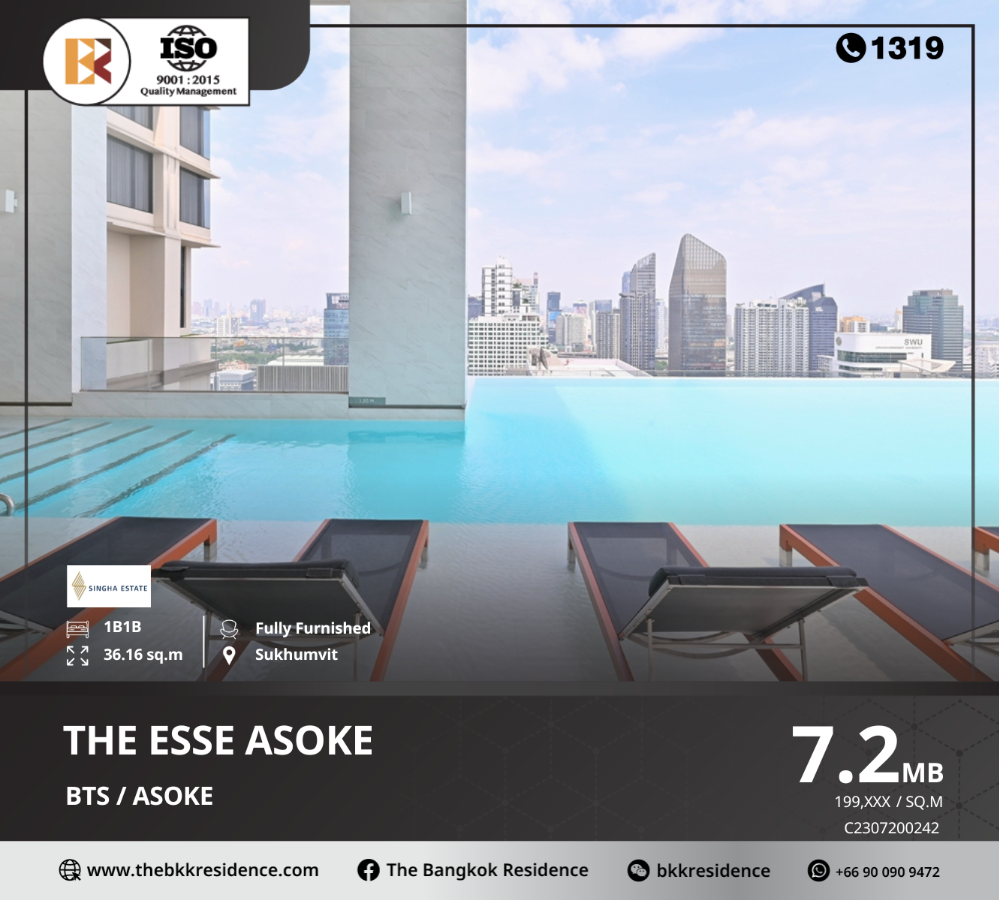 For SaleCondoSukhumvit, Asoke, Thonglor : The Esse Asoke is conveniently accessible and has a high potential location near the business district and BTS Asoke.