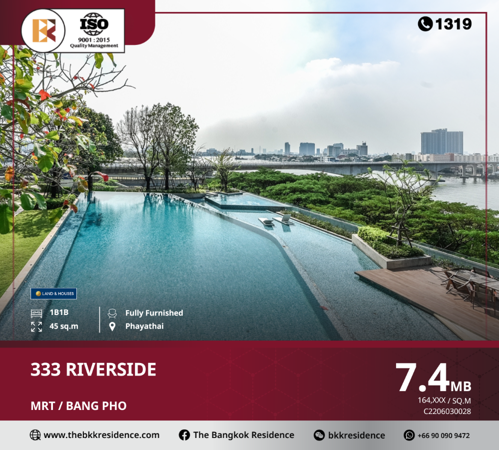 For SaleCondoBang Sue, Wong Sawang, Tao Pun : 333 Riverside, the ultimate value condo in a potential location on the banks of the Chao Phraya River, near MRT Bang Pho.