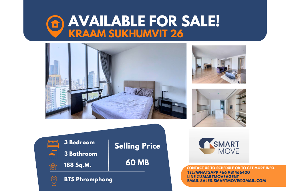 For SaleCondoSukhumvit, Asoke, Thonglor : Code C20240800081......Kraam Sukhumvit 26 for sale, 3 bedroom, 3 bathroom, high floor, furnished, Special Deal!!