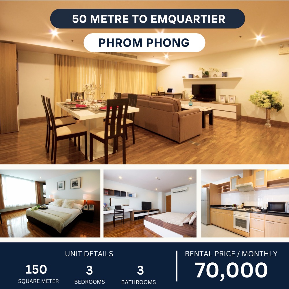 For RentCondoSukhumvit, Asoke, Thonglor : Spacious Apartment 3-Bed 50 meters to Emquartier 70,000 per month