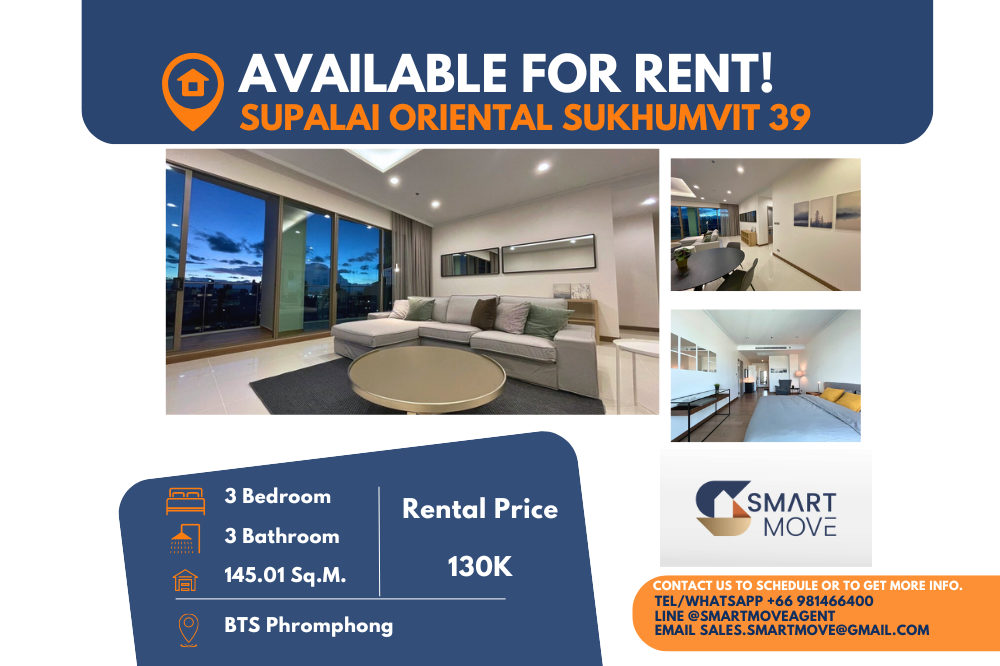 For RentCondoSukhumvit, Asoke, Thonglor : Code C20240800103..........Supalai Oriental Sukhumvit 39 for rent, 3 bedroom, 3 bathroom, high floor, furnished, ready to move in