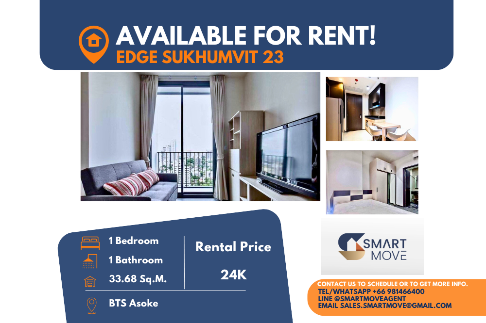 For RentCondoSukhumvit, Asoke, Thonglor : Code C20221207299..........Edge Sukhumvit 23 for rent, 1 bedroom, 1 bathroom, high floor, furnished, ready to move in