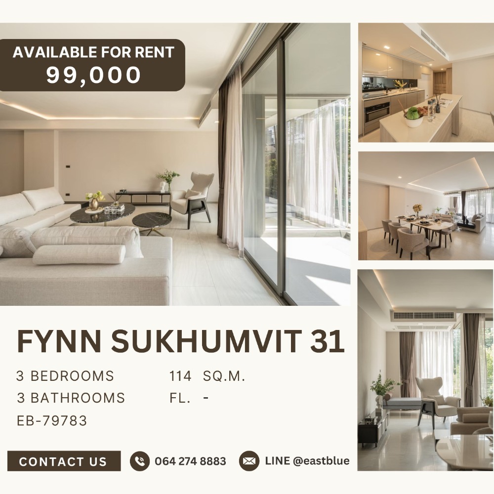 For RentCondoSukhumvit, Asoke, Thonglor : FYNN Sukhumvit 31, new room, luxuriously decorated, 3 Beds, 99,000 per month