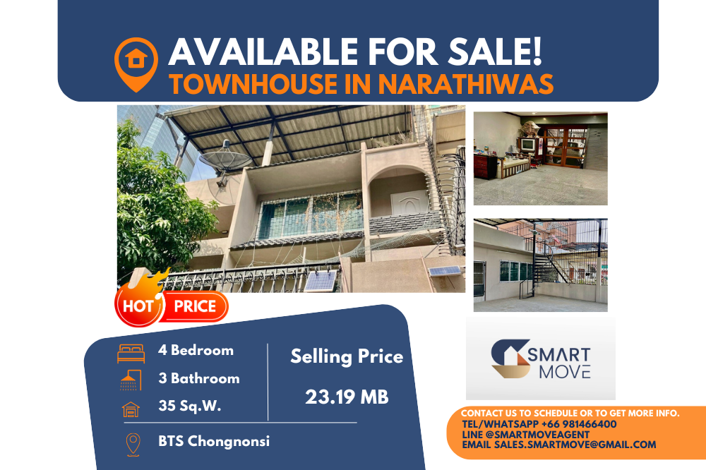 ขายทาวน์เฮ้าส์/ทาวน์โฮมสาทร นราธิวาส : Code C20240800140.......Townhouse in Narathiwas สำหรับขายทาวน์เฮ้าส์, 4 ห้องนอน, 3 ห้องน้ำ, 4.5 ชั้น, ตกแต่่งบางส่วน, ราคาพิเศษ!!