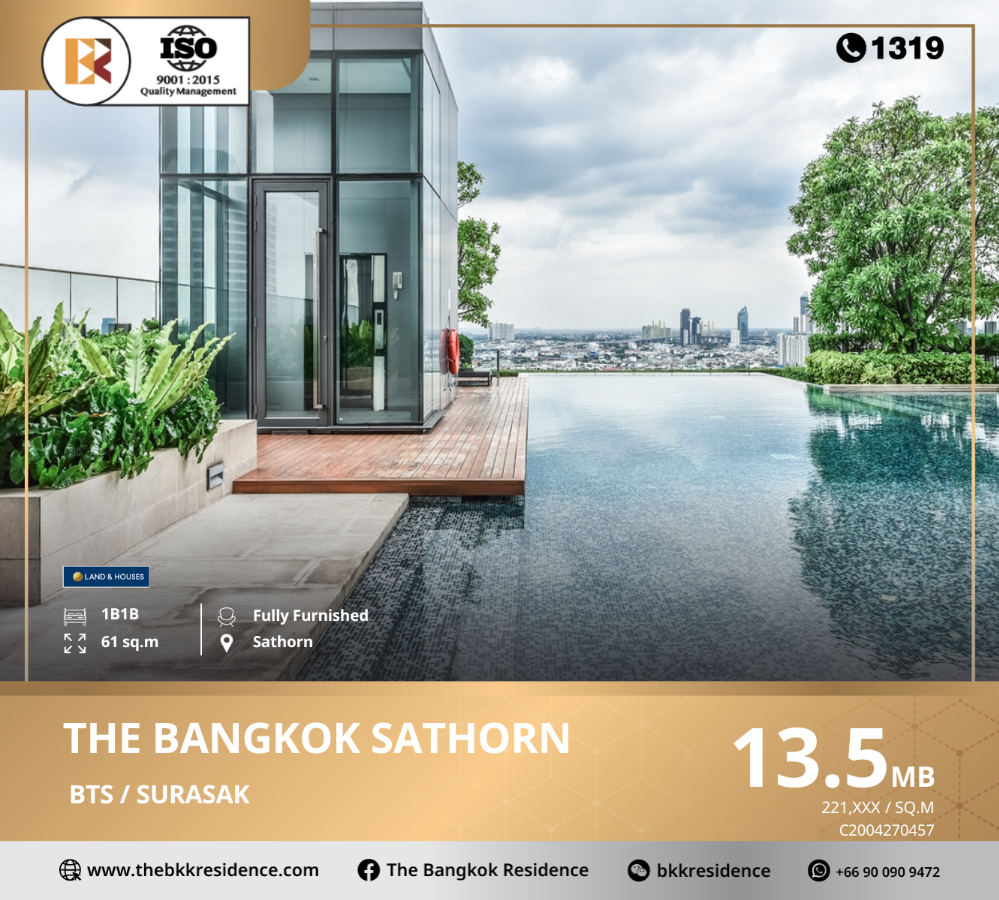 For SaleCondoSathorn, Narathiwat : The Bangkok Sathorn, a unique architecture with cutting-edge design, modern decorations, and complete facilities in one place, near BTS Surasak.