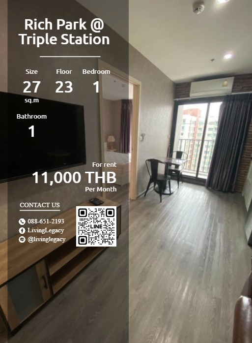 For RentCondoPattanakan, Srinakarin : LW67S1HN Condo for rent Rich Park @ Triple Station 27 sq m. 23rd floor line id : @livinglegacy call : 088-651-2193