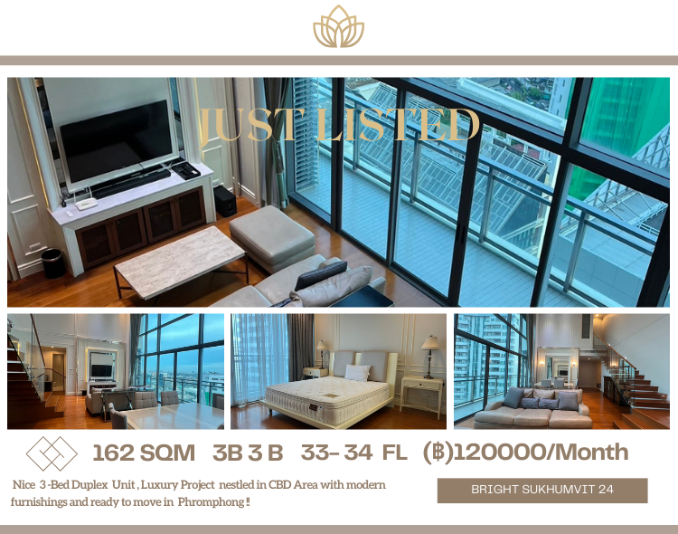 ให้เช่าคอนโดสุขุมวิท อโศก ทองหล่อ : Spacious 3 Bed Duplex Unit ++ Bright Sukhumvit 24 + 850 Meters to BTS Phromphong ++ Available to View🔥🔥