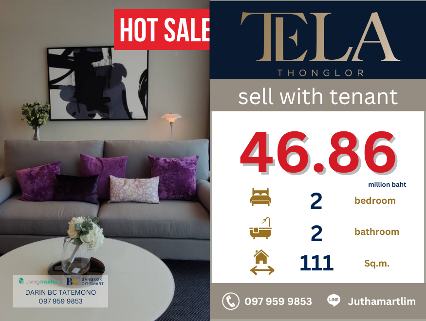 For SaleCondoSukhumvit, Asoke, Thonglor : 🔥Negotiable price🔥Tela Thonglor, 15th floor, size 111 sq m., 2 bedrooms, 2 bathrooms, price 46.86 million baht, contact 097-959-9853