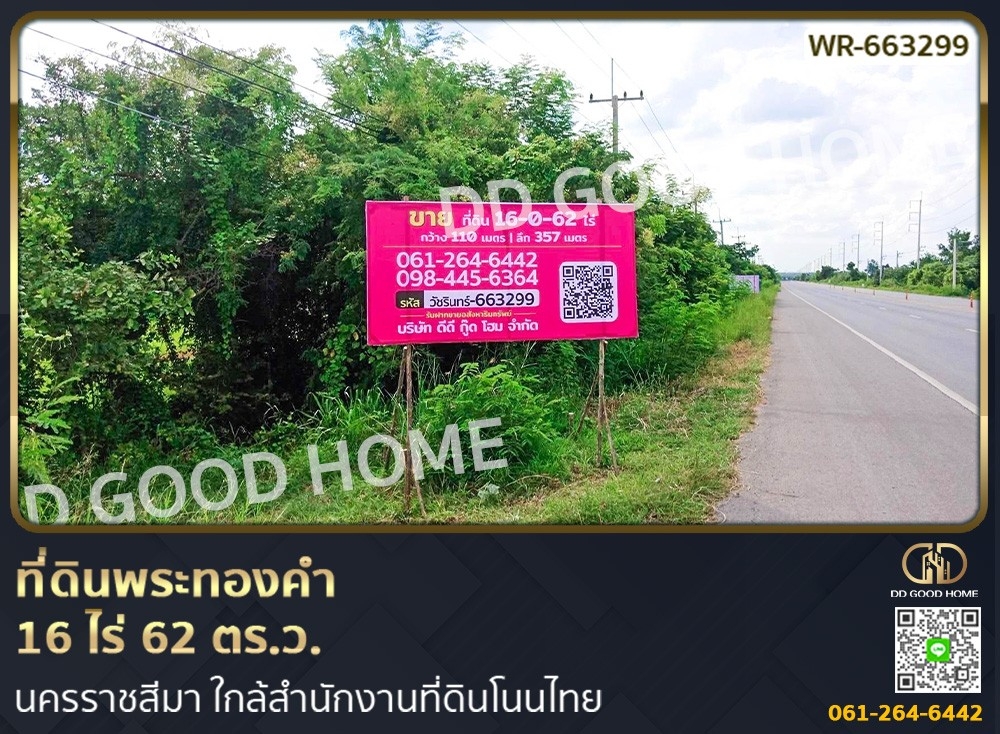 For SaleLandKorat Nakhon Ratchasima : Phra Thongkham land 16 rai 62 sq w. Nakhon Ratchasima near Non Thai Land Office