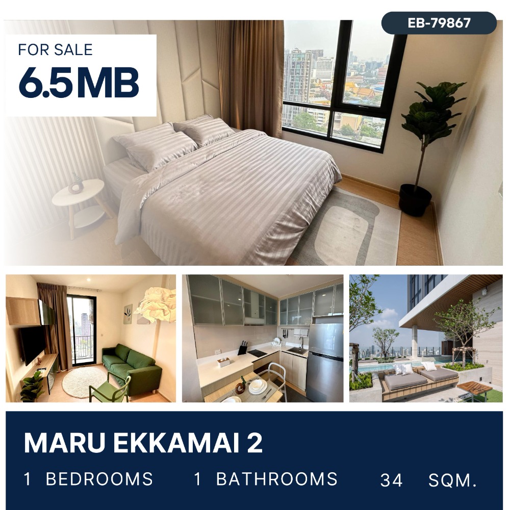 For SaleCondoSukhumvit, Asoke, Thonglor : Maru Ekkamai 2 Pet-Friendly 1 bedroom, south facing, high floor, open view, beautifully decorated, 6.5 MB