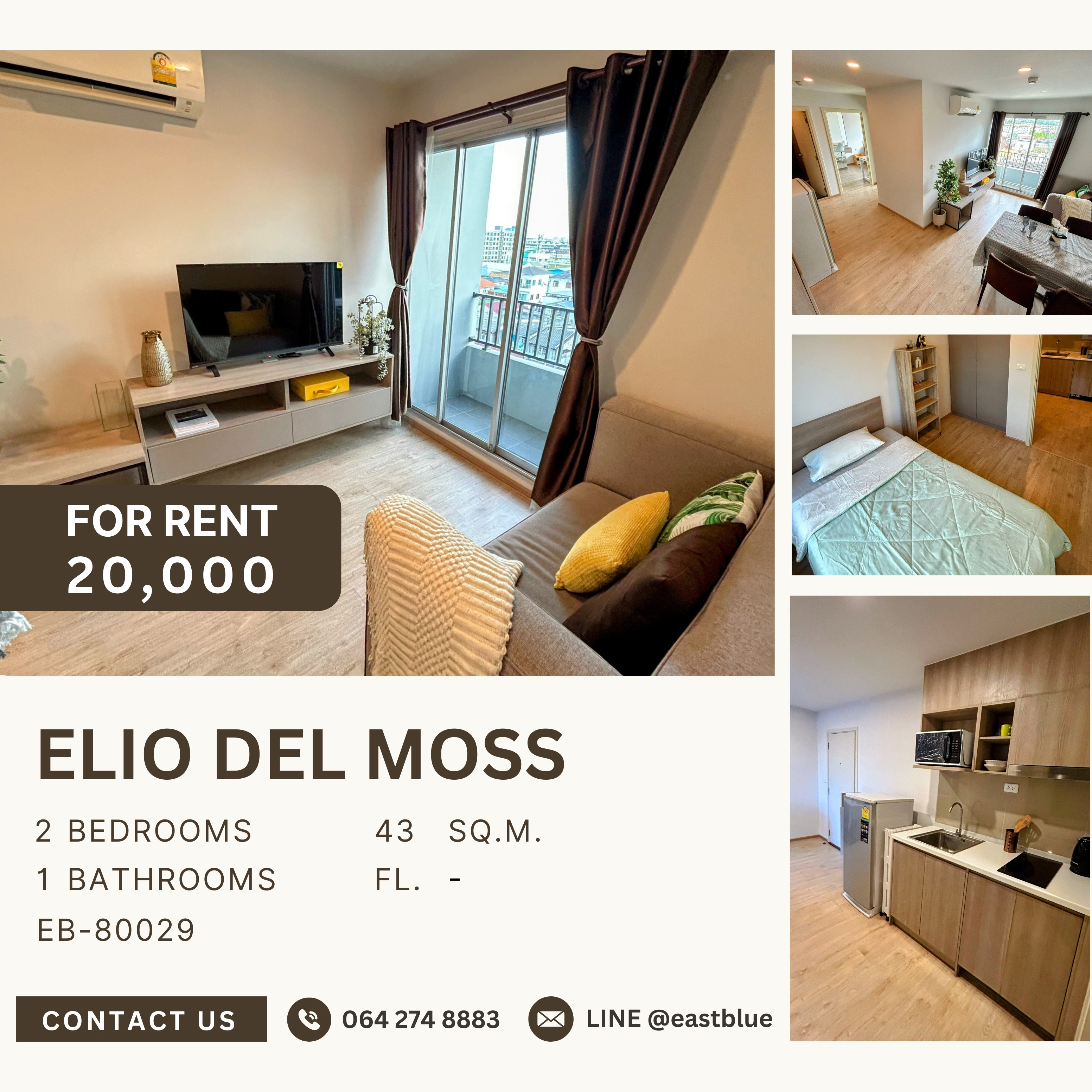 ให้เช่าคอนโดเกษตรศาสตร์ รัชโยธิน : Elio Del Moss, 2 bed, 20000 per month