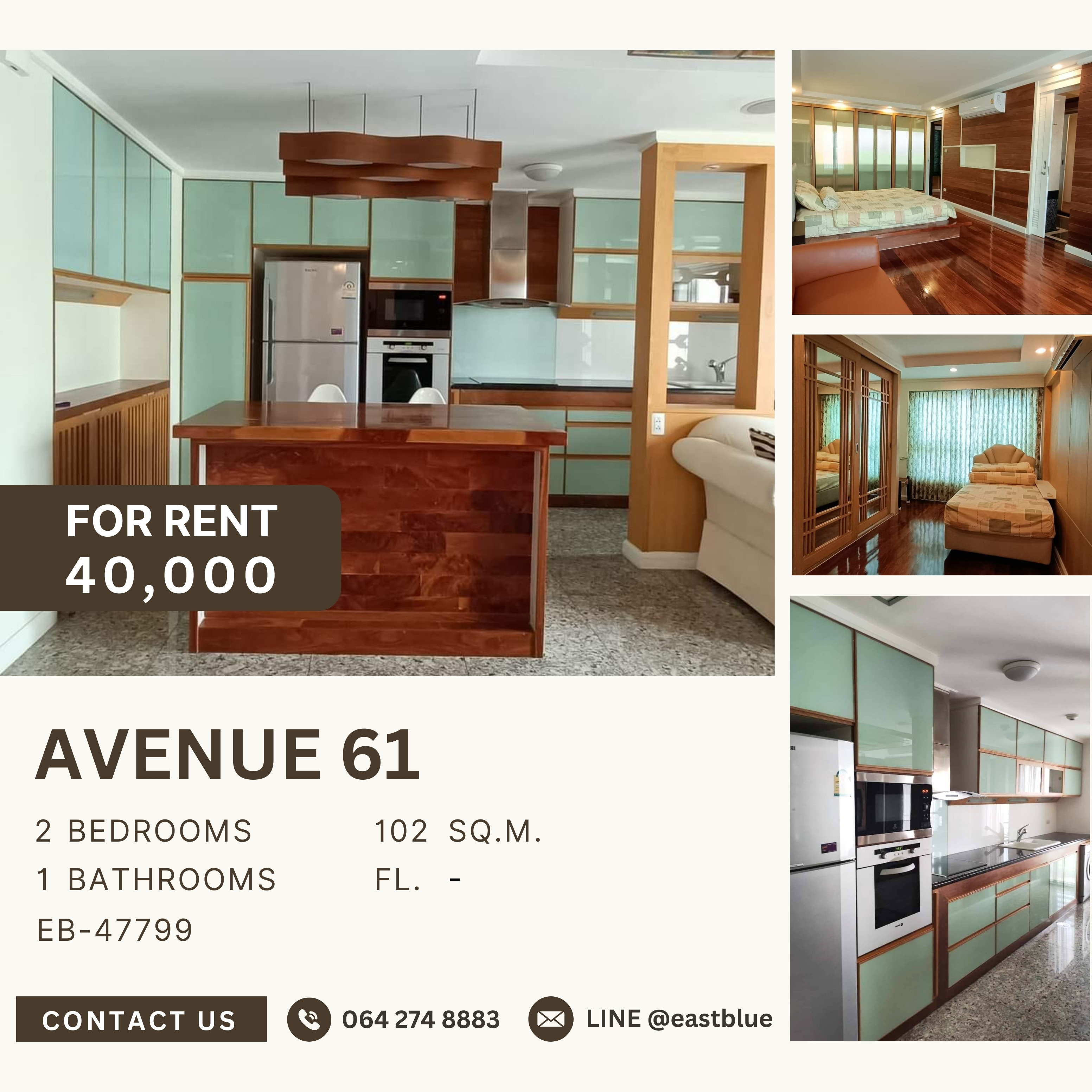 ให้เช่าคอนโดสุขุมวิท อโศก ทองหล่อ : Avenue 61, 2 bed, 40000 per month