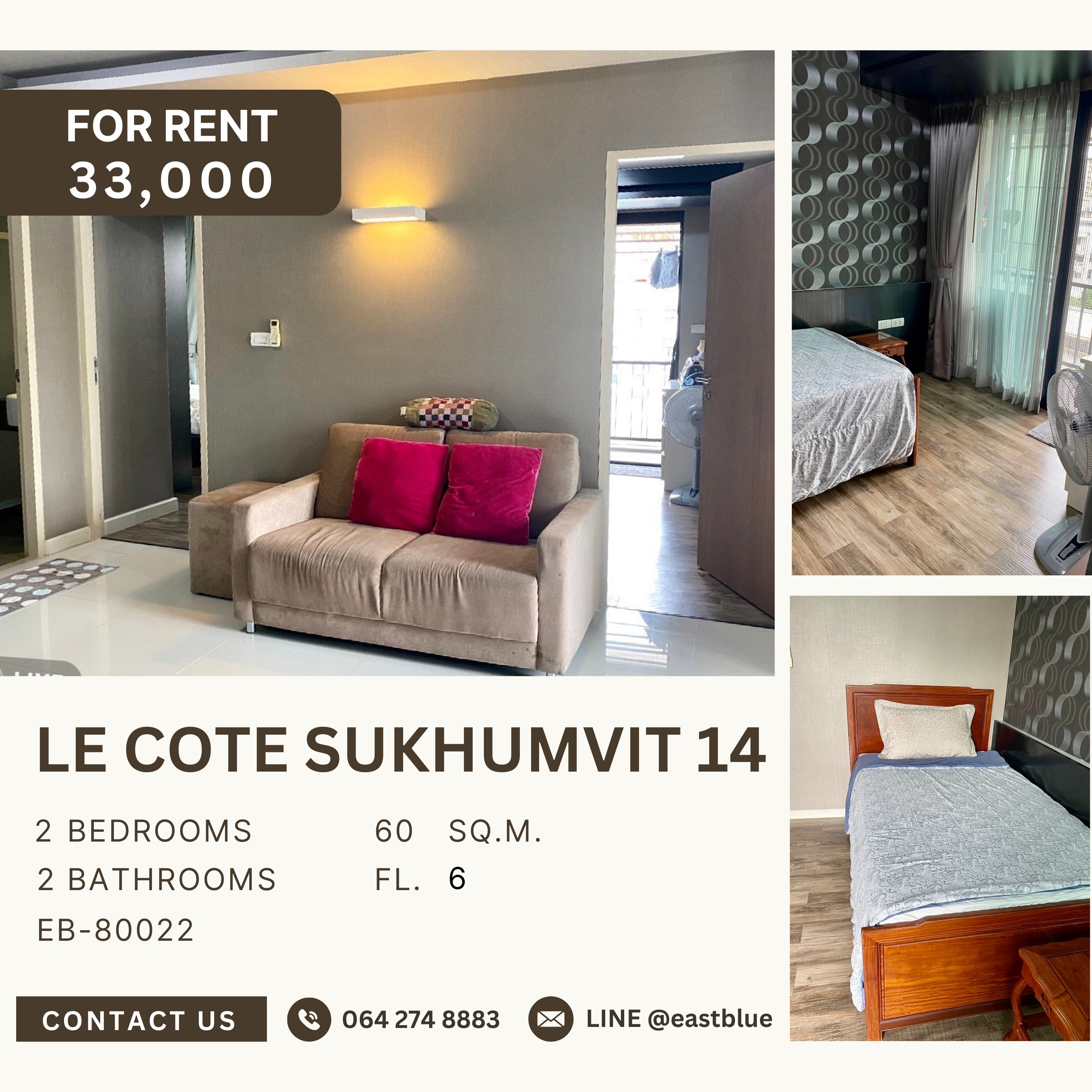 ให้เช่าคอนโดสุขุมวิท อโศก ทองหล่อ : Le Cote Sukhumvit 14, 2 bed, 33000 per month