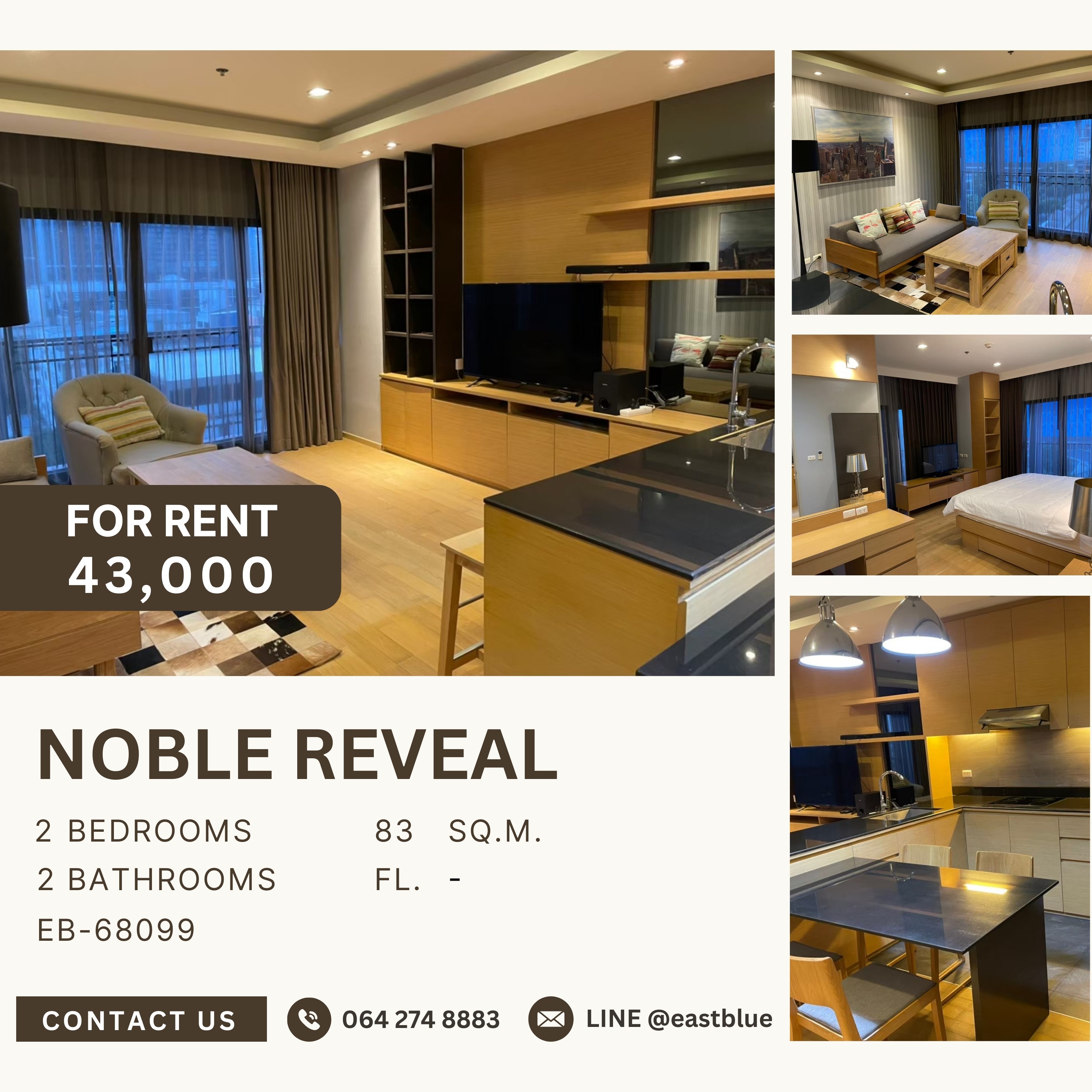 ให้เช่าคอนโดสุขุมวิท อโศก ทองหล่อ : Noble Reveal, 2 bed, 43000 per month