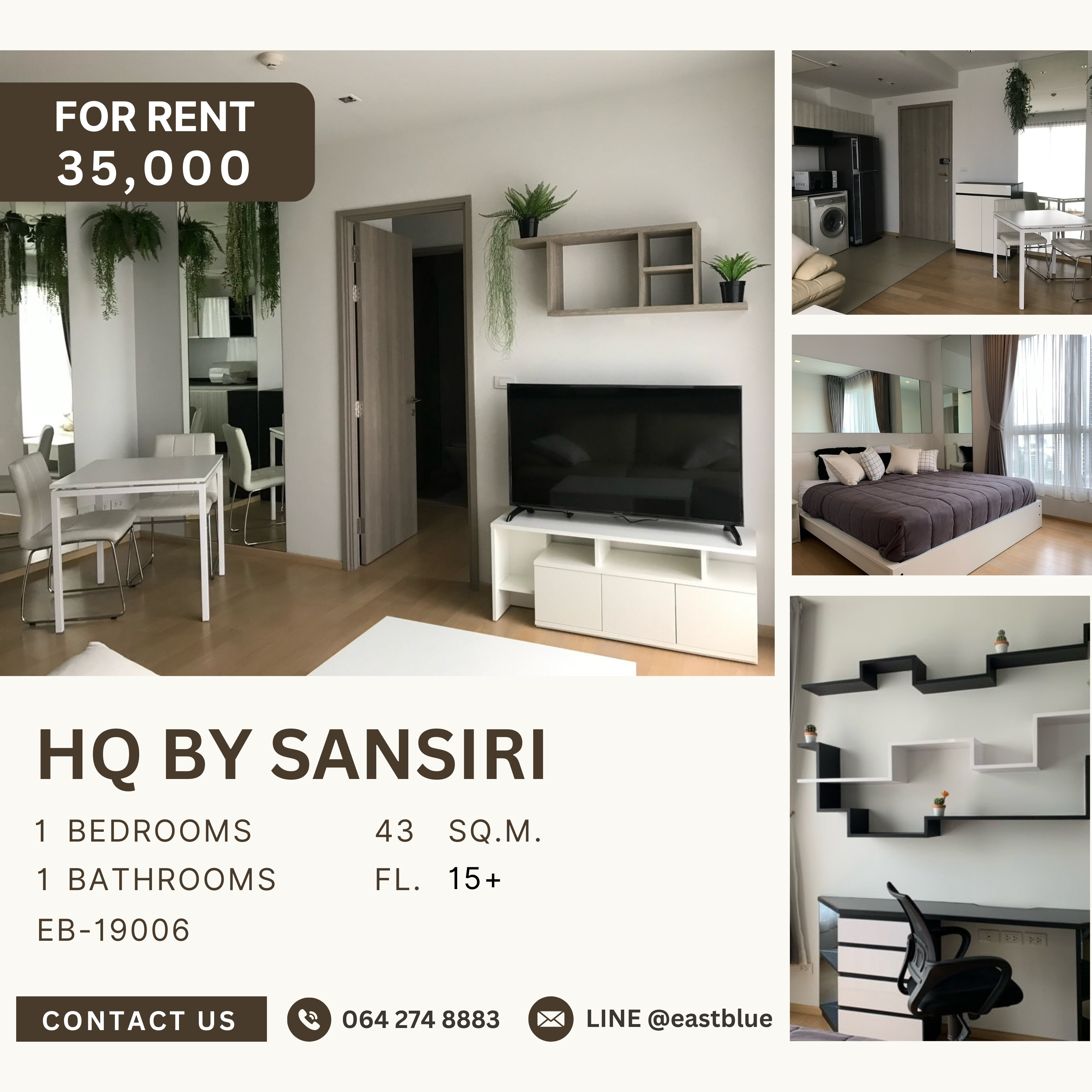 ให้เช่าคอนโดสุขุมวิท อโศก ทองหล่อ : HQ By Sansiri, 1 bed, 35000 per month